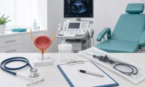 Model pęcherza, stetoskop, przyrządy i krzesło zabiegowe. Przygotowanie do cystoskopii u mężczyzn.