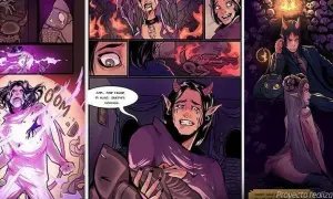 Comic de 8 viñetas. Un demonio llora mientras otro sonríe. Escenas de magia púrpura y calaveras.