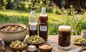 Domowy podpiwek, czy ma alkohol? Na stole składniki do jego produkcji: słód, chmiel, drożdże i cukier. Obok butelki z napojem i kufel pełen piany.