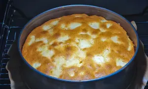 Ein goldbrauner, versunkener Apfelkuchen bäckt in einer runden Form im Ofen. Die Äpfel sind im Teig versunken und bilden ein schönes Muster.