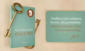 Książka "Mały modlitewnik Ojca Pio" z kluczami symbolizującymi modlitwę o pokój, która otwiera Serce Boga.