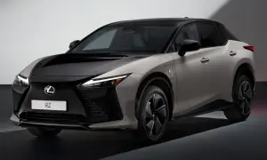Elegancki, dwukolorowy Lexus RZ z czarną maską i dachem, prezentuje nowoczesny design i elektryczną moc.