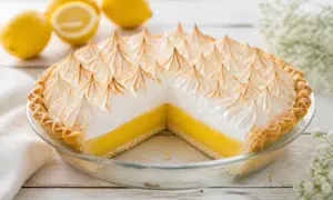 Une tarte au citron meringuée, prête à être dégustée. Sa crème jaune vif et sa meringue dorée invitent à suivre la recette.