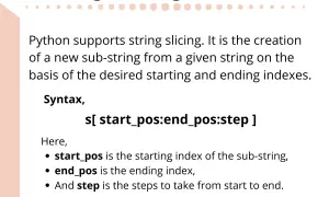 Python permet le découpage de chaînes (string slicing) pour créer des sous-chaînes avec des indices de début et de fin.