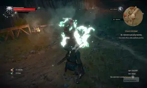 Geralt walczy z potężnym poroniecem w Wiedźmin 3. Baron próbuje go uspokoić.