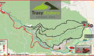 Mapa tras Enduro w Srebrnej Górze. Widać tu ścieżki rowerowe, punkty dostępu i oznaczenia tras, w tym "D-ROMET RED LINE".