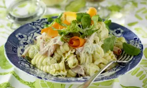 En härlig god pasta sallad med skinka, morötter och örter, toppad med riven ost. Perfekt för en lätt lunch eller middag.