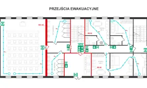 Plan ewakuacji z zaznaczonymi drogami pożarowymi i przejściami. Określono warunki techniczne, np. REI 60.
