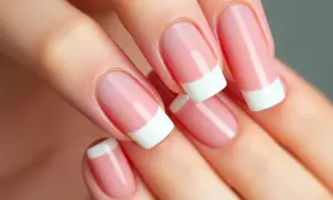 Dłonie z idealnym manicure french na beżu. Delikatny róż i biel podkreślają elegancję.