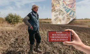 Rolnik na polu, smartfon z napisem "KASA ROLNICZEGO UBEZPIECZENIA SPOŁECZNEGO" i stos banknotów. Emerytura z KRUS.