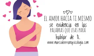 Mujer abrazándose, rodeada de corazones. "El amor hacia ti mismo se evidencia en las palabras que usas para hablar de ti." Frases de amor propio.