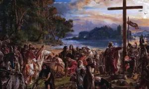 Scena chrztu Polski nad rzeką, z ludem i duchownymi przy krzyżu. W tle widać zamek i most.
