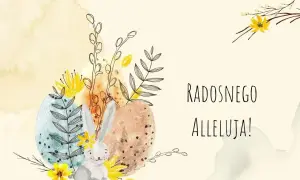 Wielkanocne życzenia z zajączkiem, pisankami i wiosennymi kwiatami. Radosnego Alleluja!