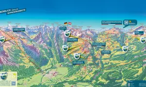 Die Kleinwalsertal Karte zeigt Wanderrouten, Berggipfel und Seilbahnen. Adler 7-Symbole markieren besondere Aussichtspunkte.