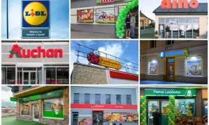 Sześć zdjęć różnych sklepów spożywczych: Lidl, Livio, Dino, Auchan, Biedronka, Żabka, Chorten, Lewiatan, ABC.