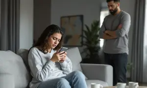 Mężczyzna z założonymi rękami obserwuje kobietę skupioną na telefonie. W powietrzu wisi napięcie, sugerujące obsesyjne kontrolowanie partnera.