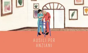 Assistente aiuta anziano con deambulatore. La domotica per anziani migliora la loro autonomia e sicurezza.