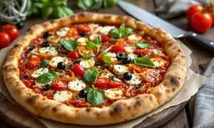 Pizza gourmande aux tomates cerises, mozzarella, olives noires et basilic frais.