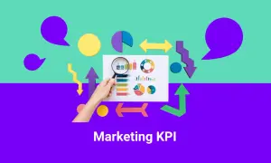 Analisi dei KPI di marketing: grafici, frecce e bolle di dialogo illustrano il significato dei KPI per il successo.