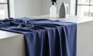 Granatowa tkanina na betonowym blacie, obok żelazko i spryskiwacz. Przygotowanie do dekatyzacji tkanin.