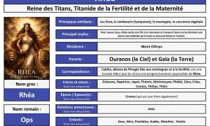 Rhéa, reine des Titans, déesse de la fertilité, est représentée avec des lions et un tambourin. Elle est la mère de Zeus.