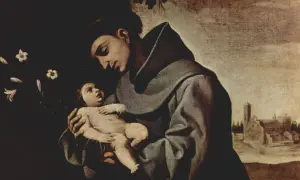 Św. Antoni, patron zagubionych rzeczy, trzyma na rękach Dzieciątko Jezus. W tle widać kościół.