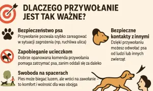 Jak nauczyć psa przywołania? Grafika pokazuje, dlaczego to ważne: bezpieczeństwo, zapobieganie ucieczkom, swoboda na spacerach i bezpieczne kontakty z innymi.