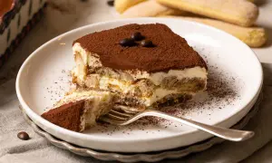 Ein Stück Tiramisu, perfekt für ein Tiramisu Rezept. Mit Löffelbiskuits, Creme und Kakaopulver bestäubt.