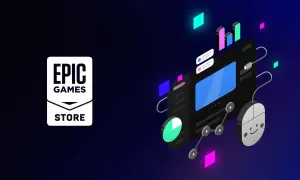 Logo Epic Games Store obok grafiki z myszką i wykresami, symbolizujące darmowe gry Epic Games.