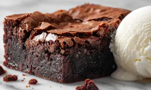 Un brownie au chocolat, parfait pour une recette de brownies moelleux, servi avec une boule de glace à la vanille fondante.