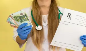 Lekarz w rękawiczkach trzyma receptę i pieniądze. Kto płaci za zwolnienie lekarskie w firmie poniżej 20 osób?