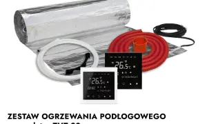 Zestaw ogrzewania podłogowego z matą grzewczą Thermoval, termostatem i akcesoriami.