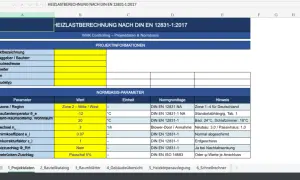 Tabellenausschnitt zur Heizlastberechnung nach DIN EN 12831-1:2017 mit Parametern wie Klimazone, Normaußentemperatur und Luftwechsel.