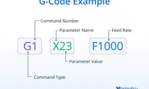 Przykład G-code: G1 to typ komendy, X23 to parametr, F1000 to prędkość posuwu.