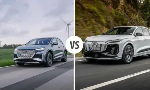 Dwa modele Audi e-tron: szary SUV na tle wiatraków i biały SUV na krętej drodze.