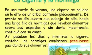 La cigarra canta mientras las hormigas trabajan. La fábula de la hormiga y la cigarra nos enseña la importancia de la previsión.