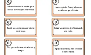 Tarjetas con preguntas divertidas tipo Pasapalabra para niños: instrumento musical, lugar bonito, sentido del gusto, actividad con reglas, color gris y trato justo.