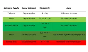 Tabela oceny ryzyka, gdzie kategorie od "Znikome" do "Bardzo duże" mają przypisane działania, np. "Potrzebna kontrola" lub "Wskazane wstrzymanie prac". Wartość [R] może odnosić się do stężenia **pyretroidy**.