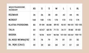 Tabela rozmiarów odzieży i butów: międzynarodowe rozmiary XS-XL, rozmiar, wzrost, klatka piersiowa, talia, biodra, dł. nogi, dł. ręki.