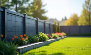 Nowoczesne ogrodzenie działki rolnej z kwitnącymi pomarańczowymi kwiatami i zieloną trawą.