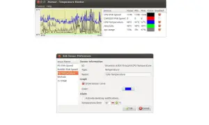 Monitor de temperatura de CPU en Psensor. Se muestra la gráfica de la temperatura y se editan las preferencias del sensor para ver la temperatura de la CPU.