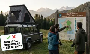 Un 4x4 avec tente de toit prêt pour un bivouac. Un couple consulte un panneau de réglementation pour le camping sauvage.