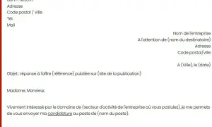 Modèle de lettre de motivation avec champs à remplir pour une candidature spontanée ou en réponse à une offre.