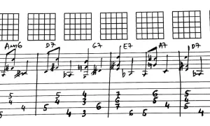 Zapis nutowy z diagramami akordów gitarowych i tabulaturą, prezentujący progresję akordów jazzowych z elementami basso continuo.