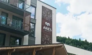 Nowoczesny hotel Aries w Szczyrku z ozdobnymi panelami i widokiem na las.