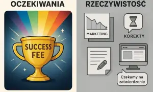 Oczekiwania: złoty puchar z napisem "SUCCESS FEE" i tęczą. Rzeczywistość: wykresy, korekty, dokumenty i czekanie na zatwierdzenie.