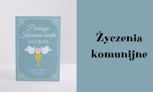 Zaproszenie na komunię z gołębiami i kielichem, obok tekst "Życzenia komunijne".