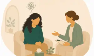 En person med en tankesnurr över huvudet sitter hos en terapeut. Kanske en mild autism symptom som uttrycks.