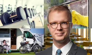 En man med glasögon, gymutrustning, en husbil med cykel och en person som putsar ett fönster. Olika typer av konkurrerande verksamhet.