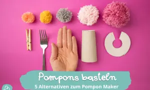 Bunte Pompons basteln: Gabel, Wäscheklammer, Hand, Papprolle und Kartonring als Alternativen zum Pompon Maker.